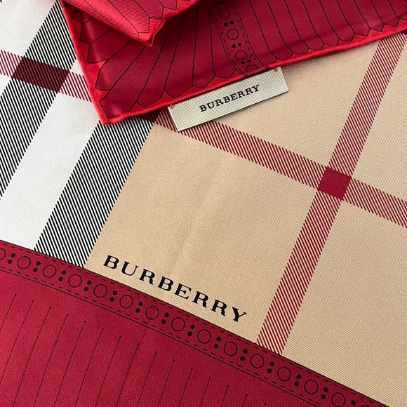 Display # 1 Burberry Scarf Iconic Beige Check Red Border Silk Wrap - Picture 9 of 14